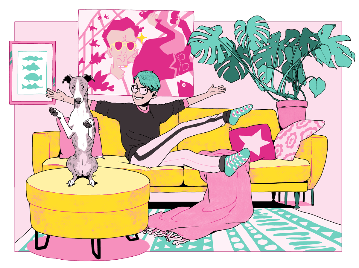A cartoon-style portait of comics artist Eve Kajander and their pet dog, Päivikki. They are both sitting on a yellow sofa and striking a silly pose. Eve is a thin, white person with short, green hair and round glasses, and they are swinging their arms and legs up. Päivikki is a brindle whippet with white markings. She is sitting with both of her front paws held up like a squirrel.