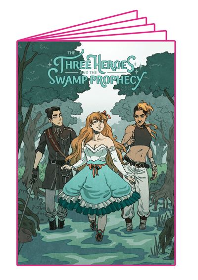 Cover of the comics zine "The three Heroes and the Swamp Prophecy". It depicts the three main characters standing in a mangrove swamp.